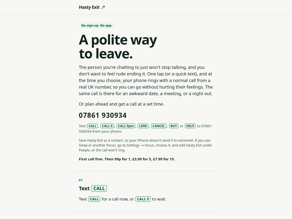 Landing-page snapshot of hastyexit.com