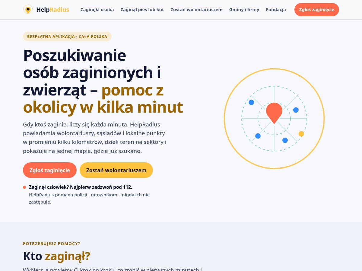 Landing-page snapshot of helpradius.app