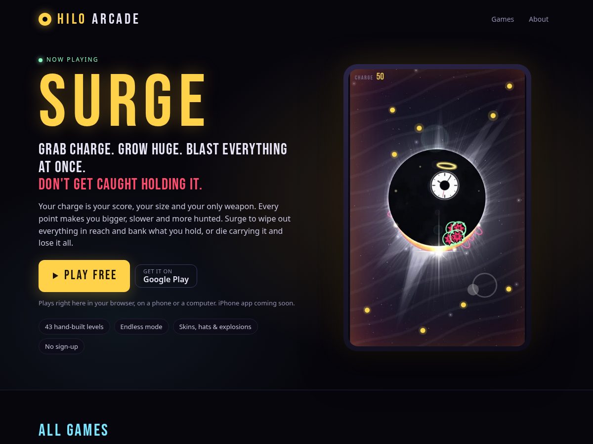 Landing-page snapshot of hiloarcade.com