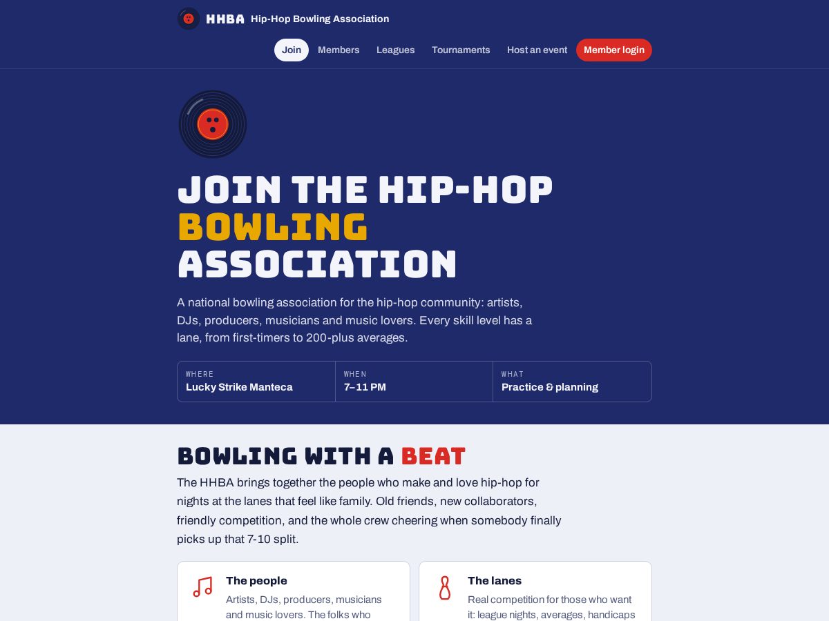 Landing-page snapshot of hiphopbowlingassociation.com