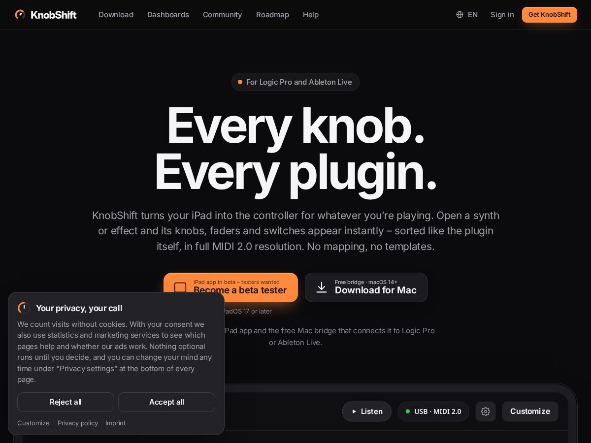 Landing-page snapshot of knobshift.com