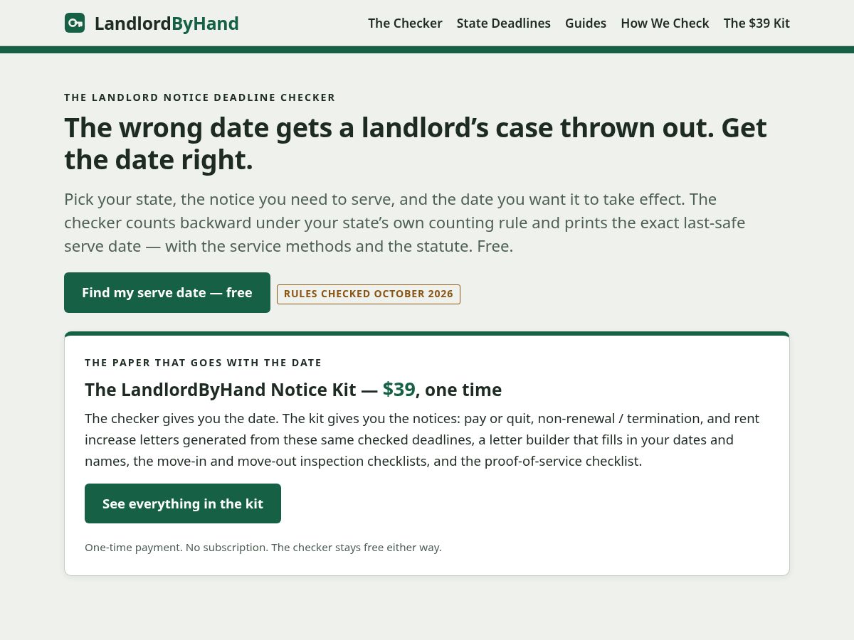 Landing-page snapshot of landlordbyhand.com