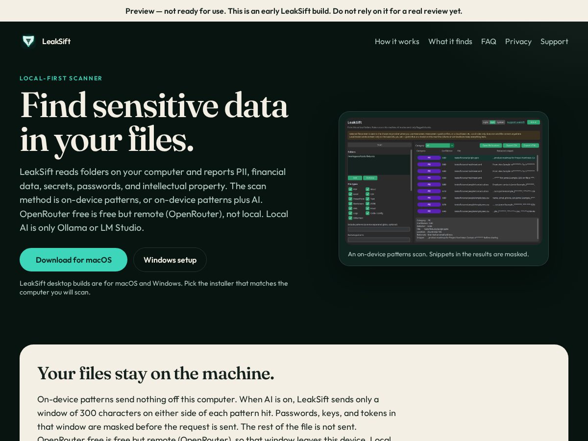 Landing-page snapshot of leaksift.com