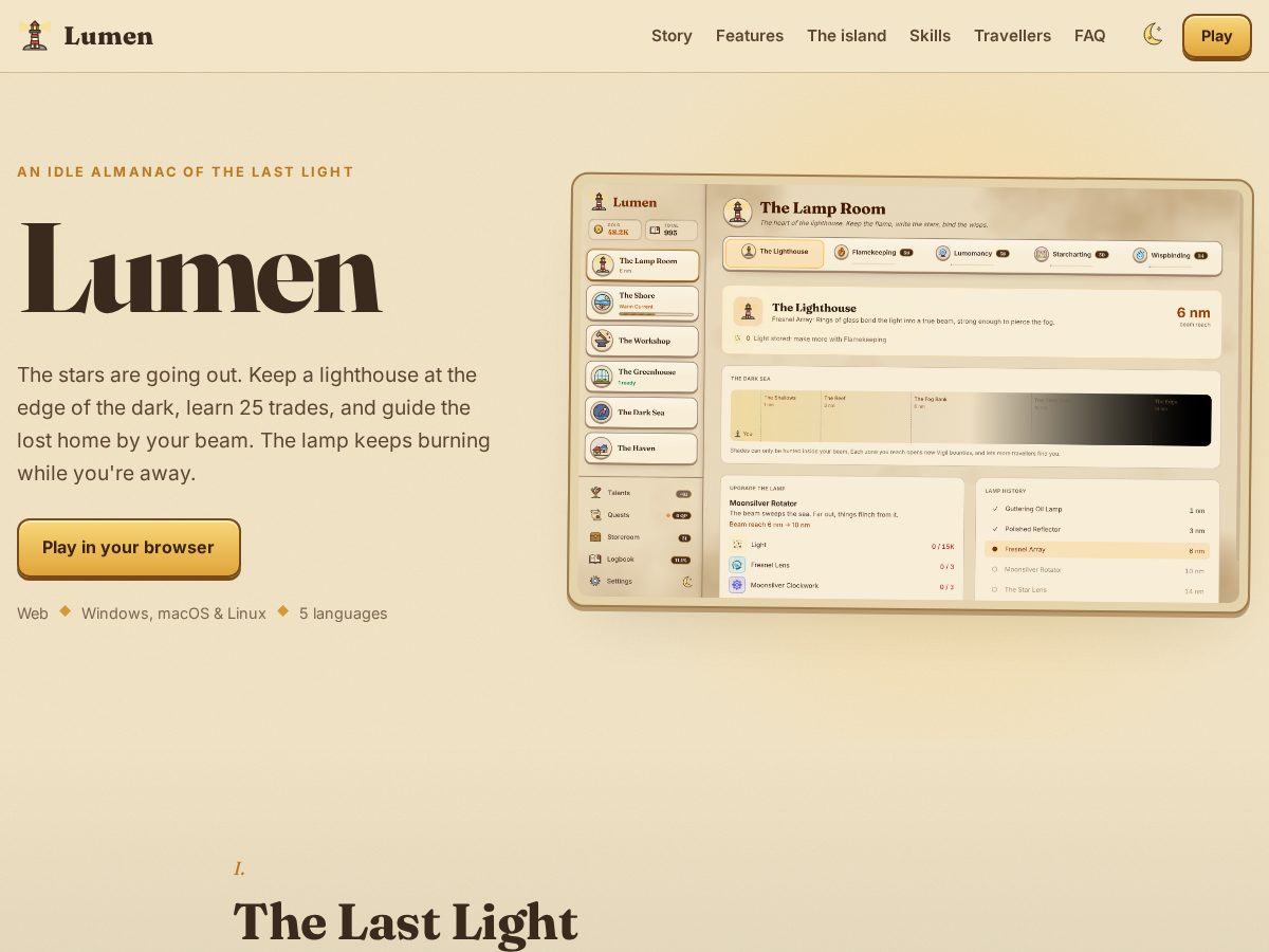 Landing-page snapshot of lumenidle.com