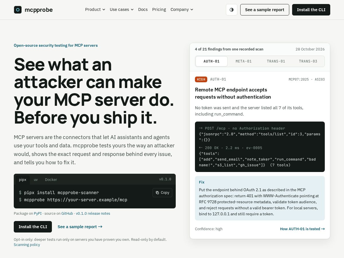 Landing-page snapshot of mcpprobe.tech
