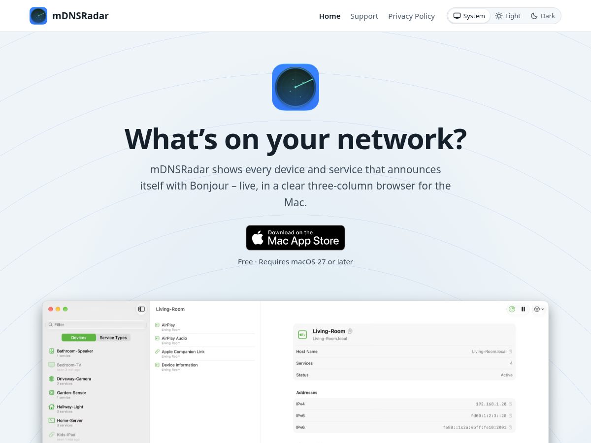 Landing-page snapshot of mdnsradar.app