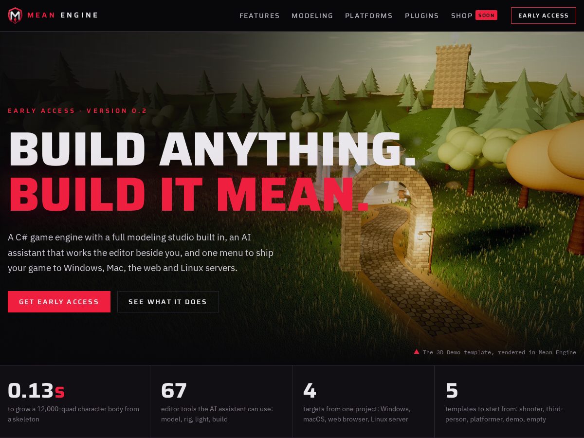 Landing-page snapshot of meanengine.dev
