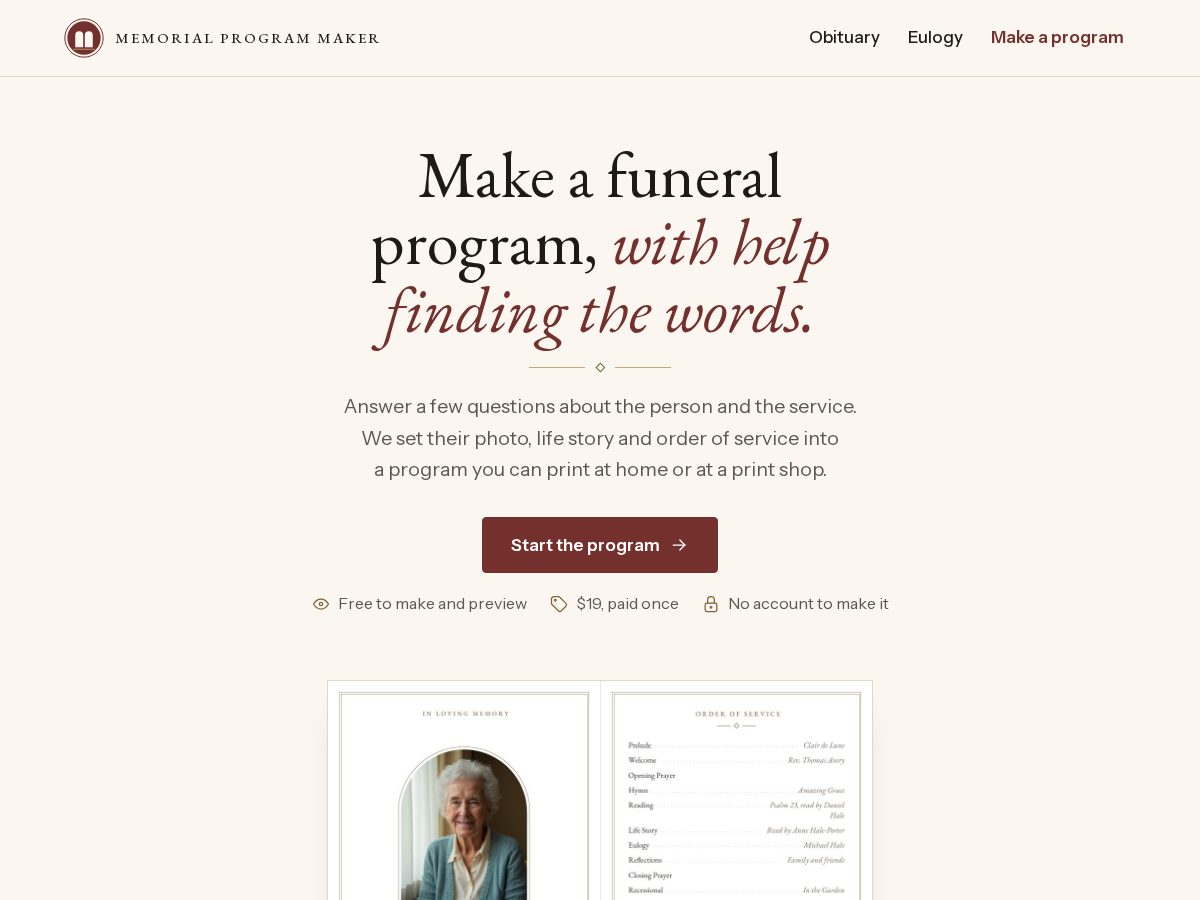 Landing-page snapshot of memorialprogrammaker.com