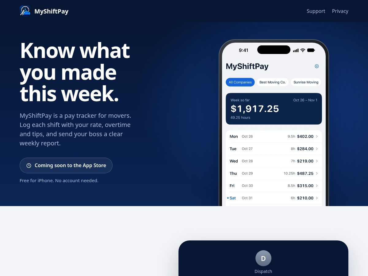 Landing-page snapshot of myshiftpayapp.com