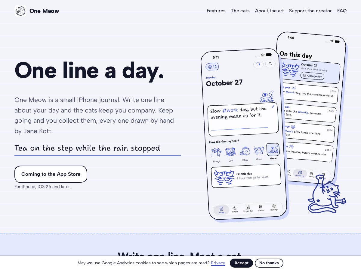 Landing-page snapshot of onemeow.app