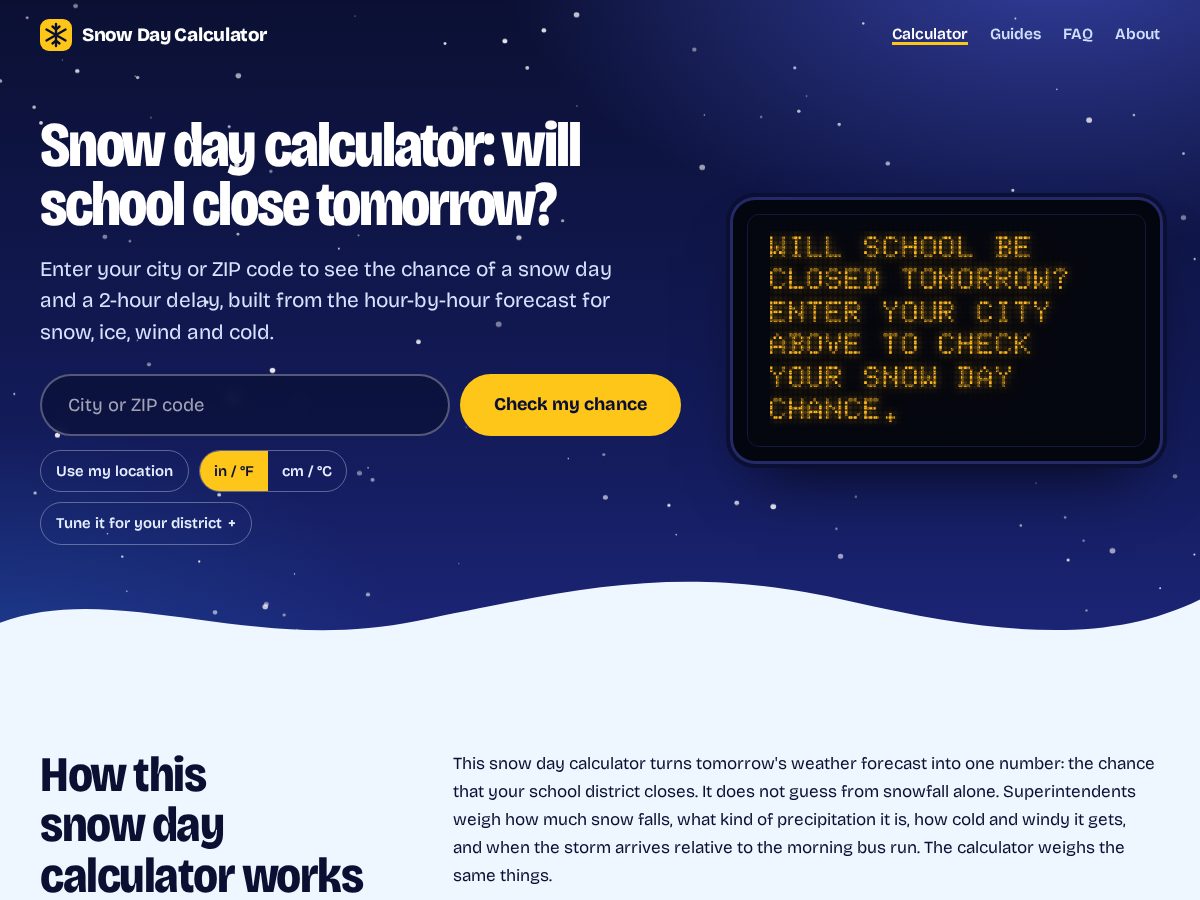 Landing-page snapshot of onlinesnowdaycalculator.com