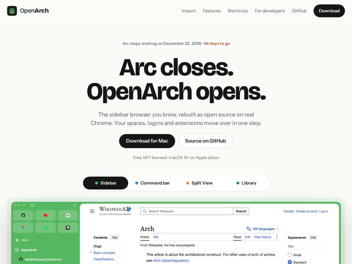 Landing-page snapshot of openarch.app