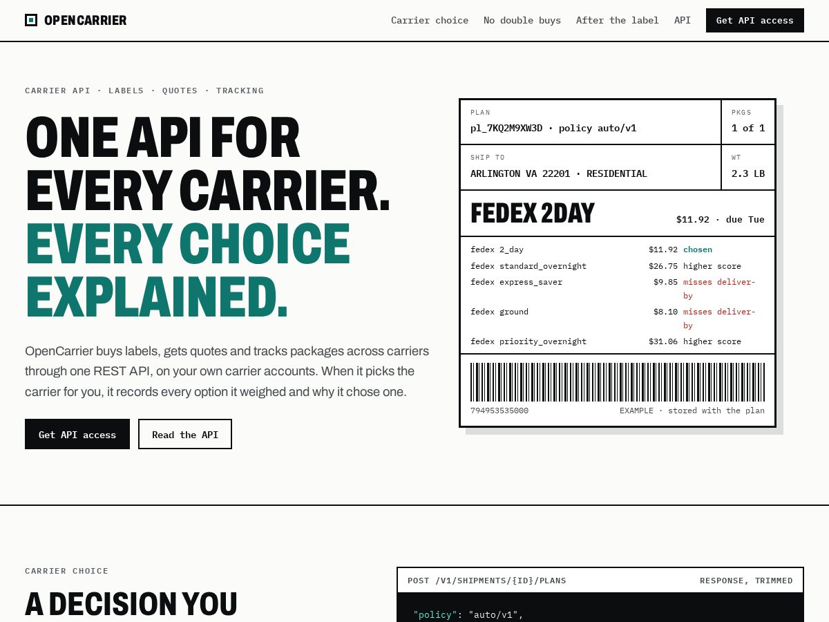 Landing-page snapshot of opencarrier.dev