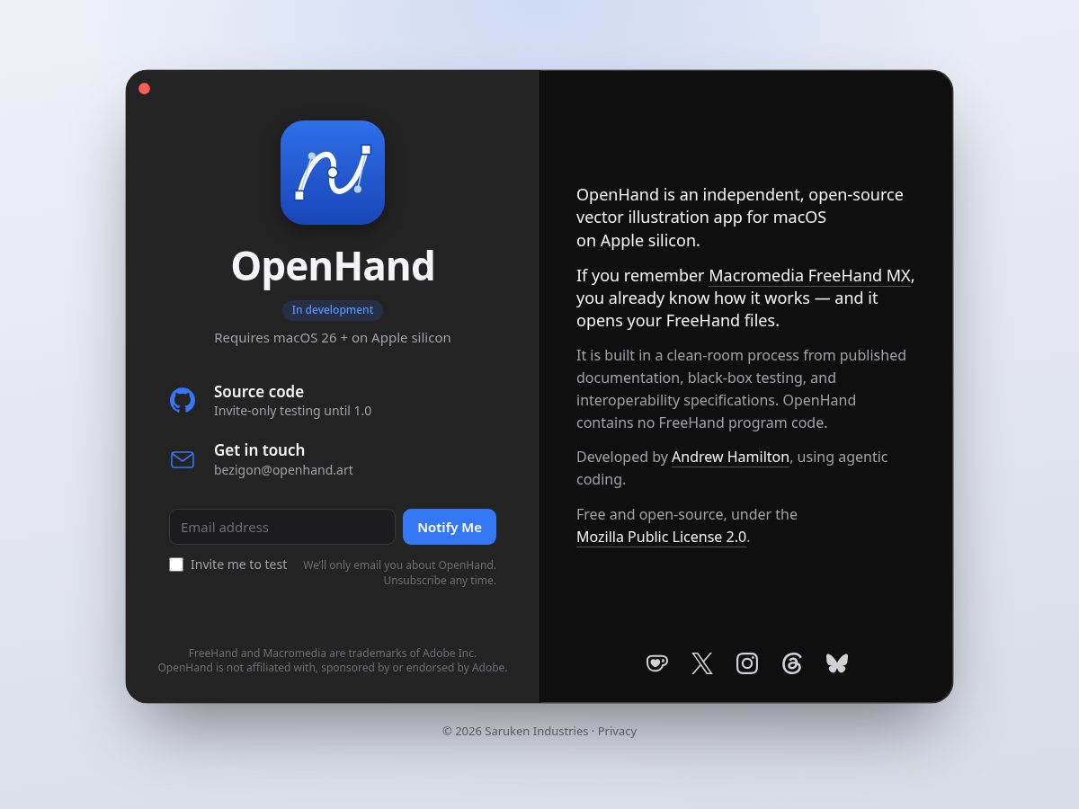 Landing-page snapshot of openhand.art