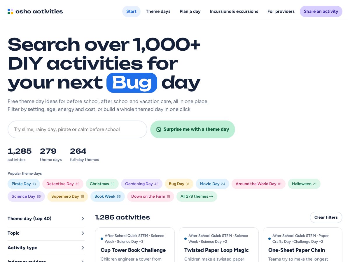 Landing-page snapshot of oshcactivities.com