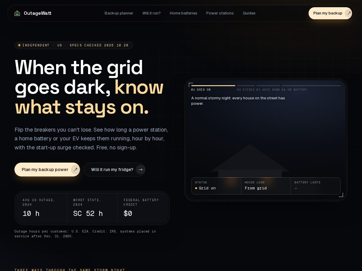 Landing-page snapshot of outagewatt.com