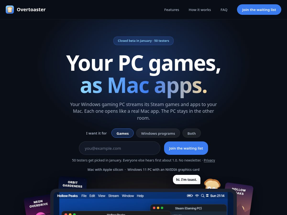Landing-page snapshot of overtoaster.dev