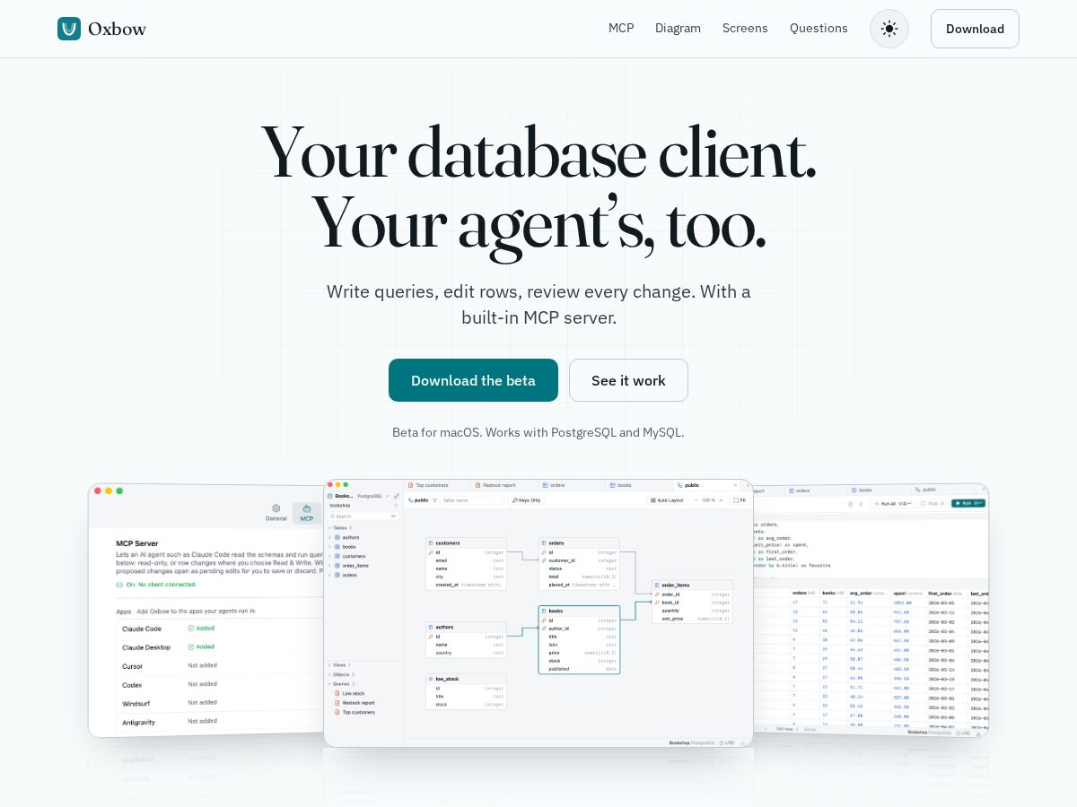 Landing-page snapshot of oxbowdb.app