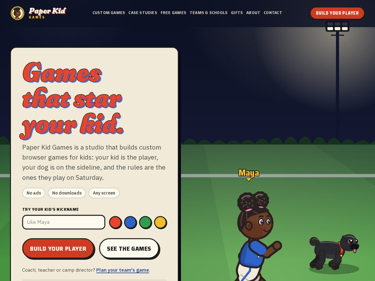 Landing-page snapshot of paperkidgames.com