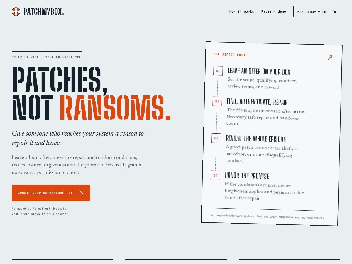 Landing-page snapshot of patchmybox.com