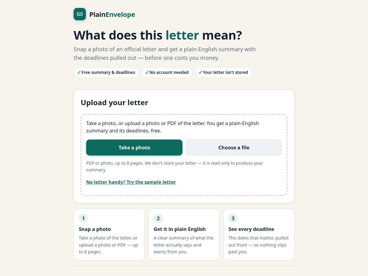 Landing-page snapshot of plainenvelope.app