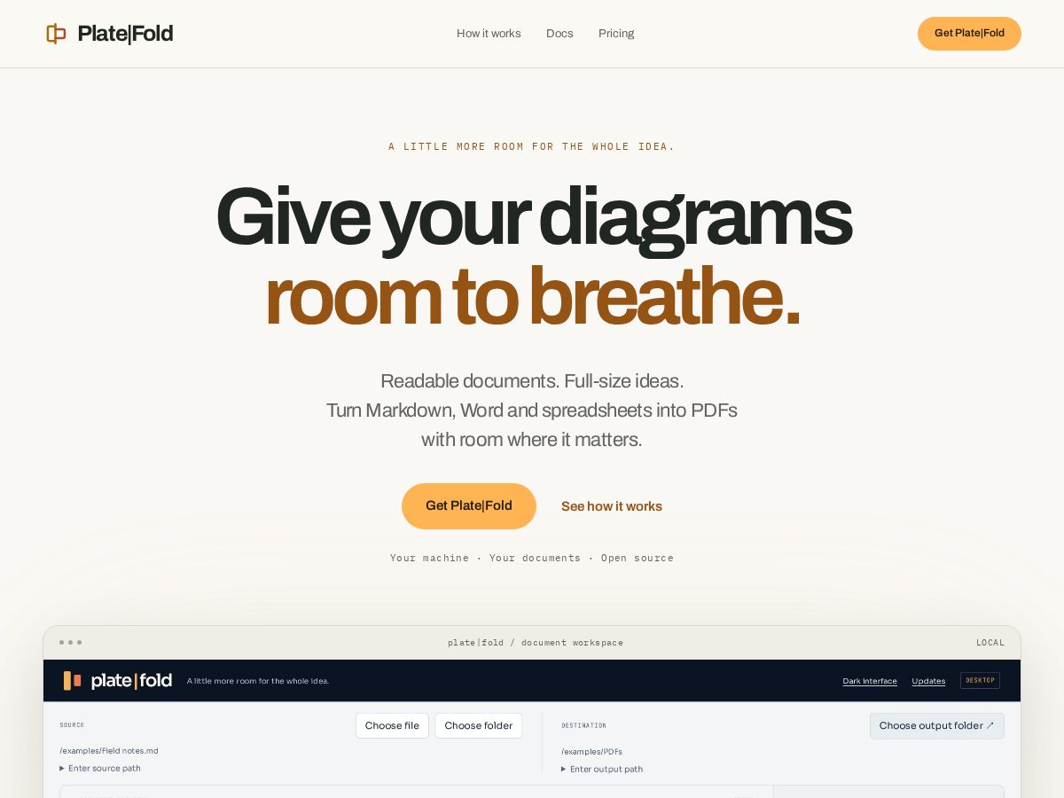 Landing-page snapshot of platefold.page