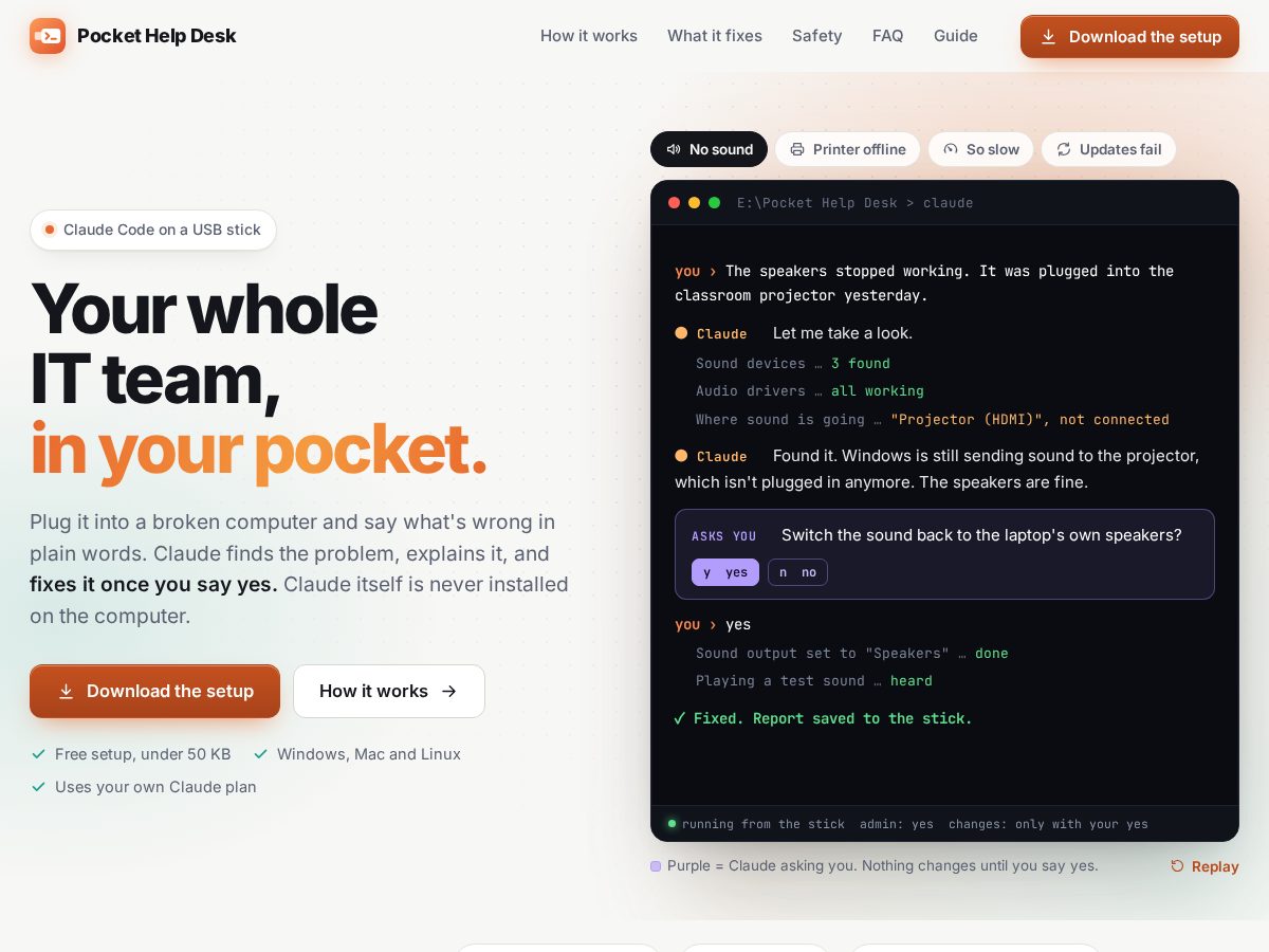 Landing-page snapshot of pockethelpdesk.com