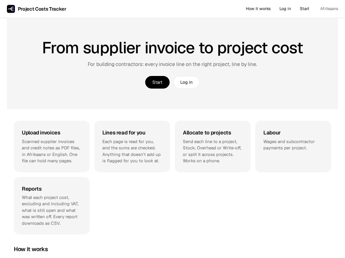 Landing-page snapshot of projectcoststracker.com