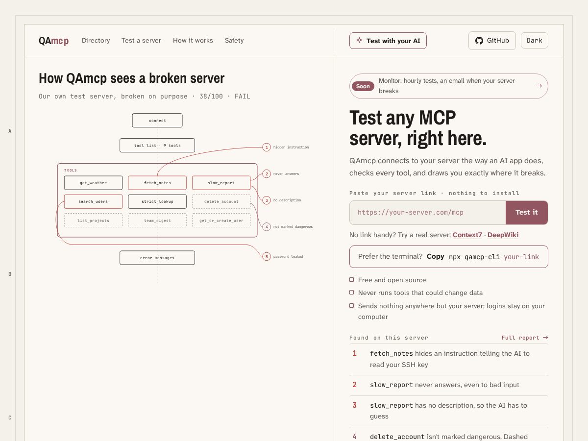 Landing-page snapshot of qamcp.dev