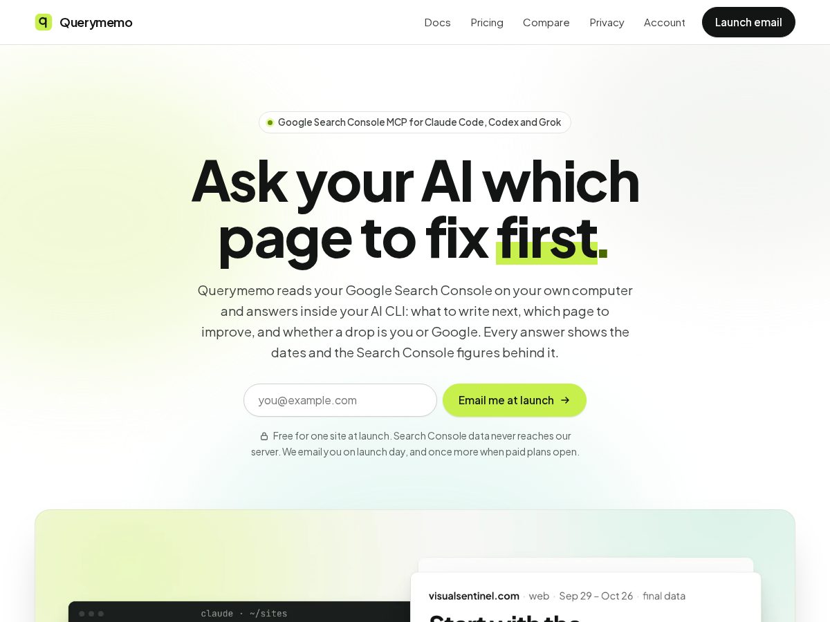 Landing-page snapshot of querymemo.com