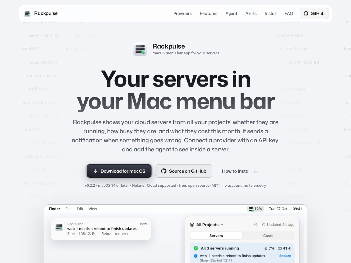 Landing-page snapshot of rackpulse.app