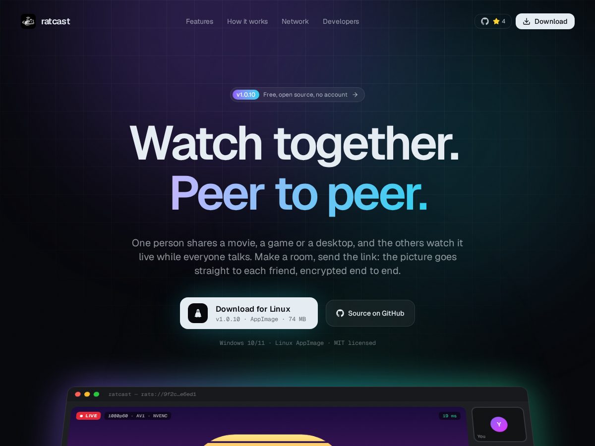 Landing-page snapshot of ratcast.app