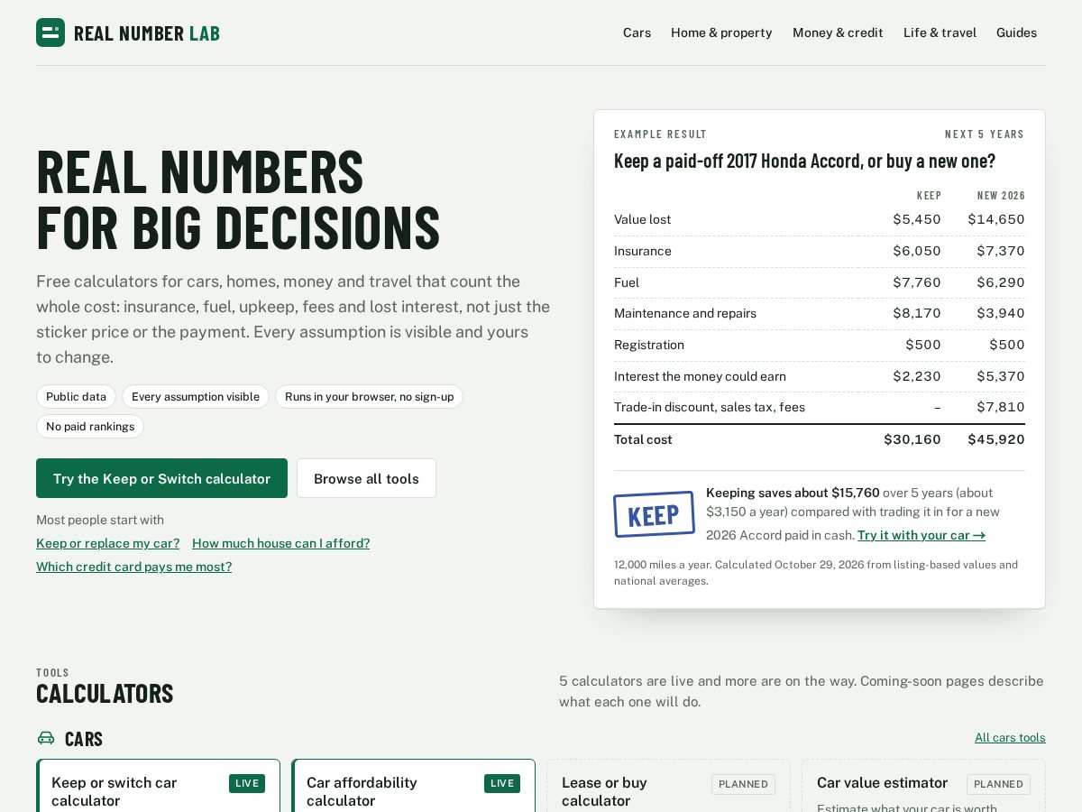 Landing-page snapshot of realnumberlab.com