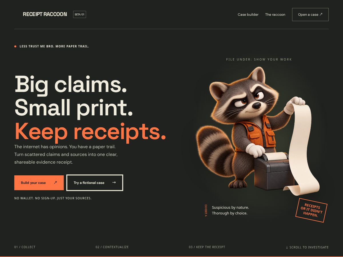 Landing-page snapshot of receiptraccoon.fun