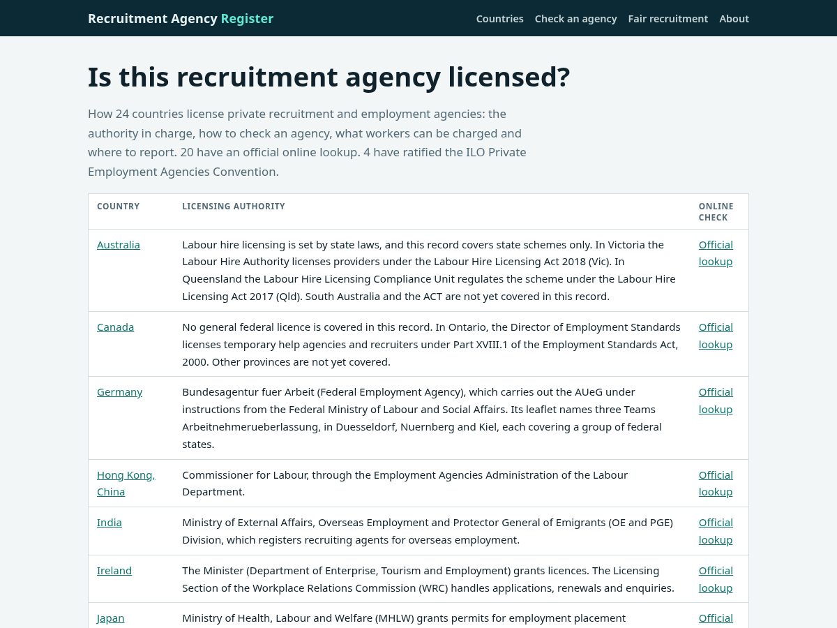 Landing-page snapshot of recruitmentagencyregister.org