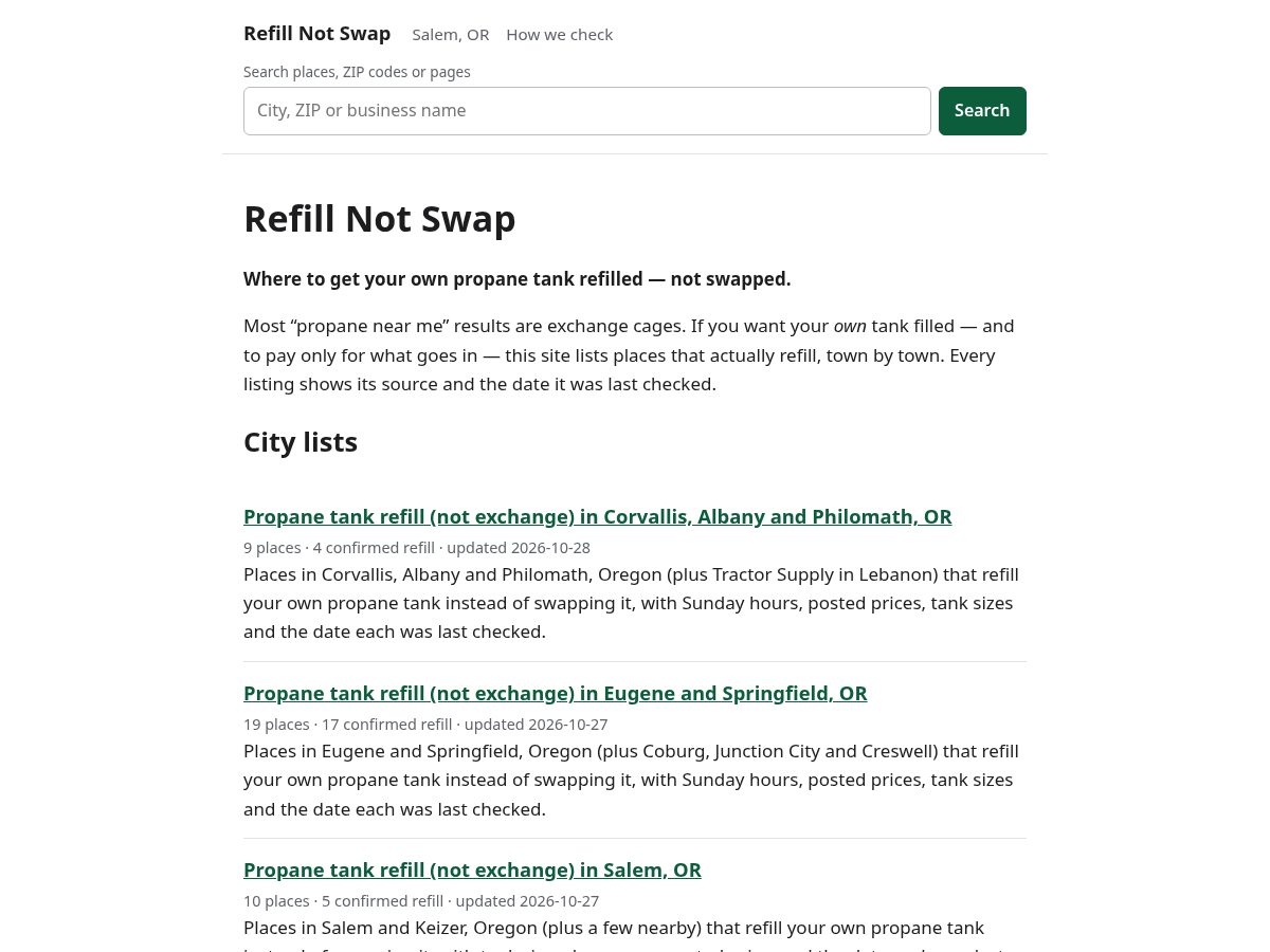 Landing-page snapshot of refillnotswap.com