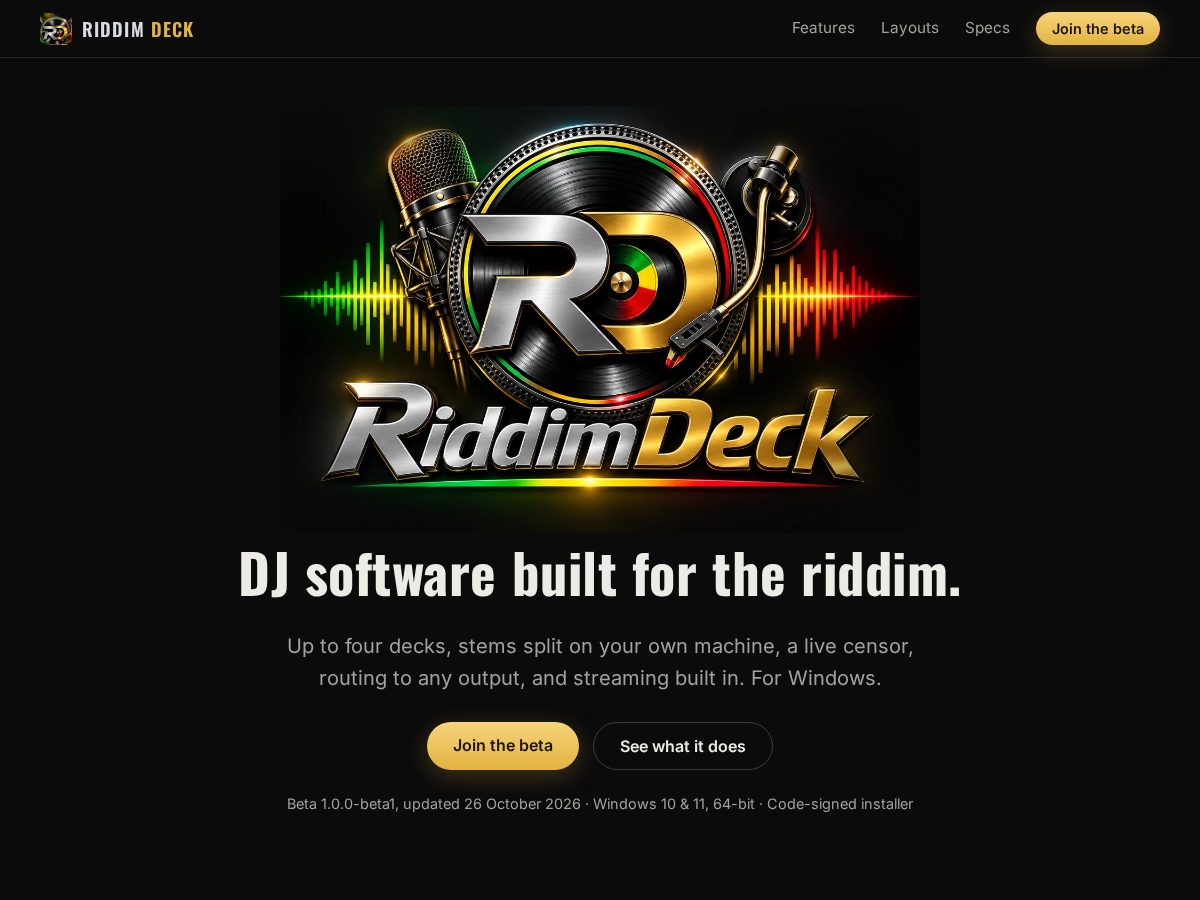 Landing-page snapshot of riddimdeck.com