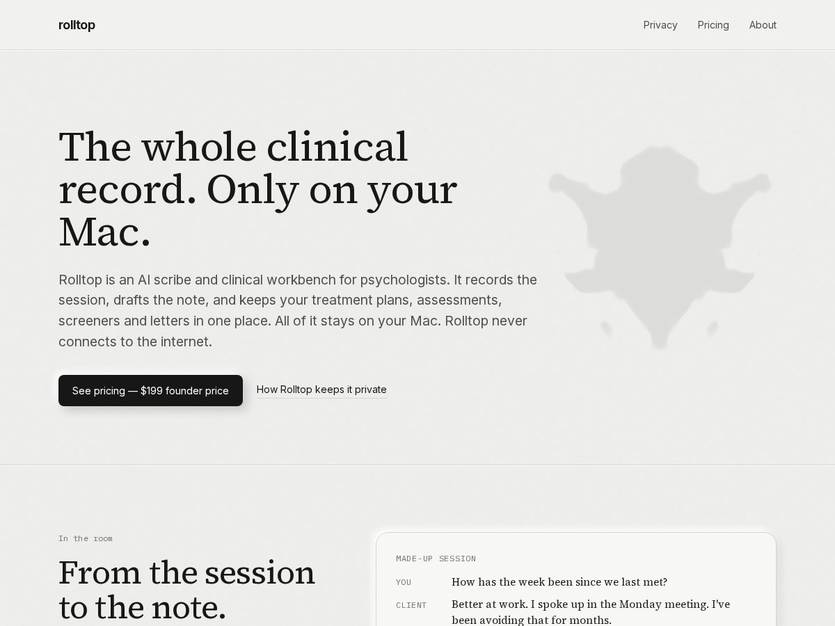 Landing-page snapshot of rolltop.software