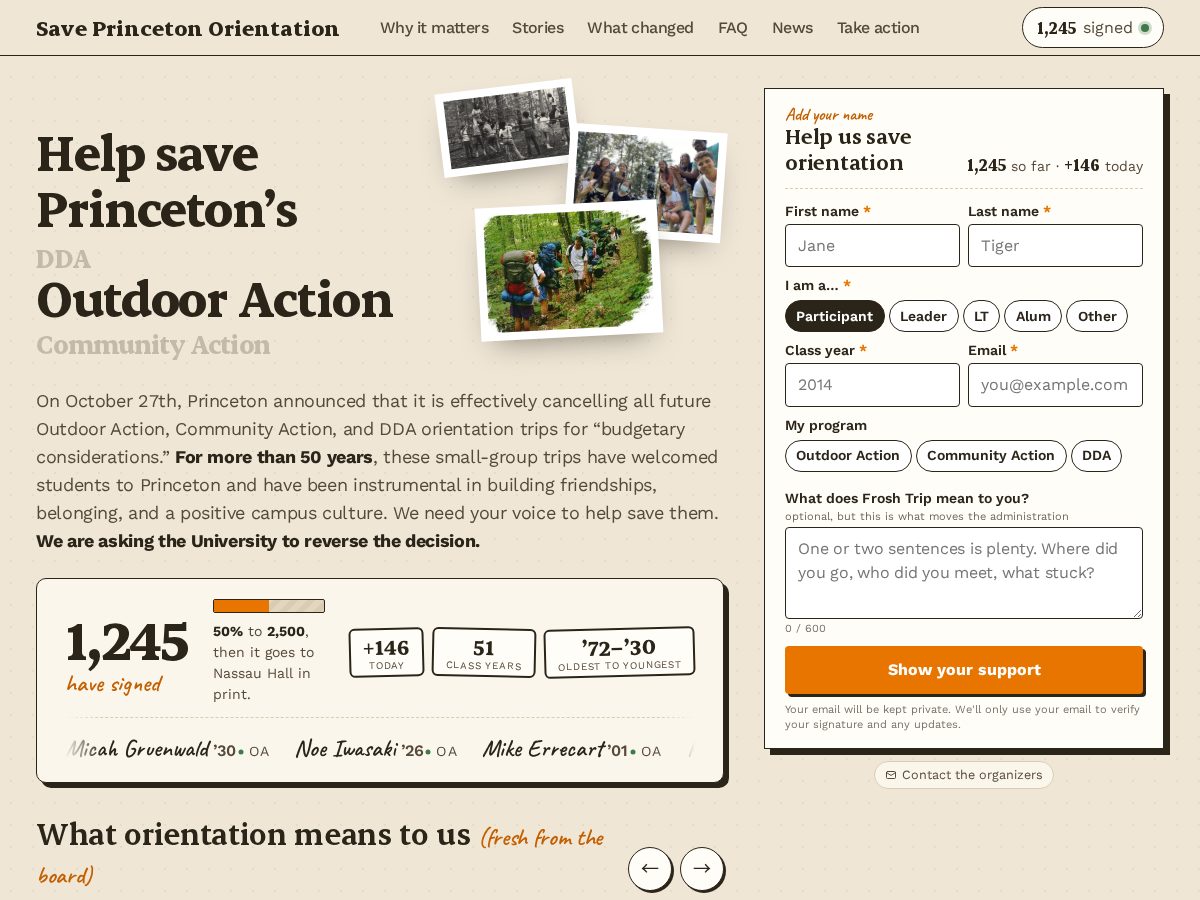 Landing-page snapshot of saveprincetonorientation.org