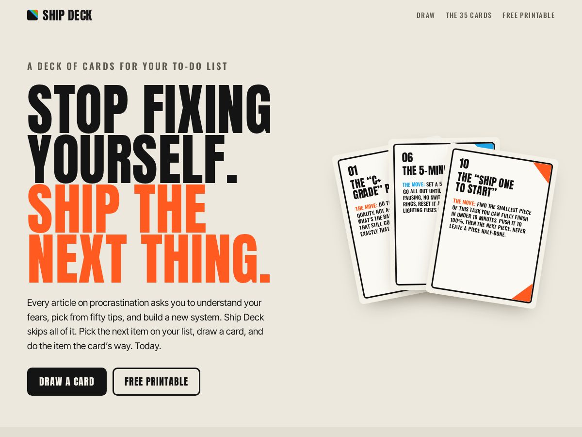 Landing-page snapshot of shipdeckcards.com