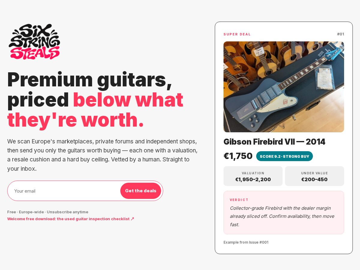 Landing-page snapshot of sixstringsteals.com