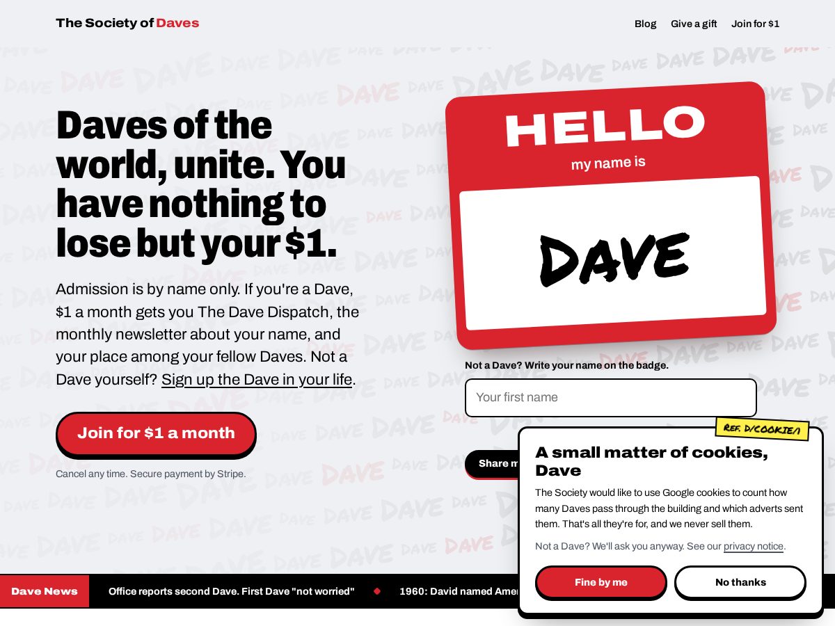 Landing-page snapshot of societyofdaves.com