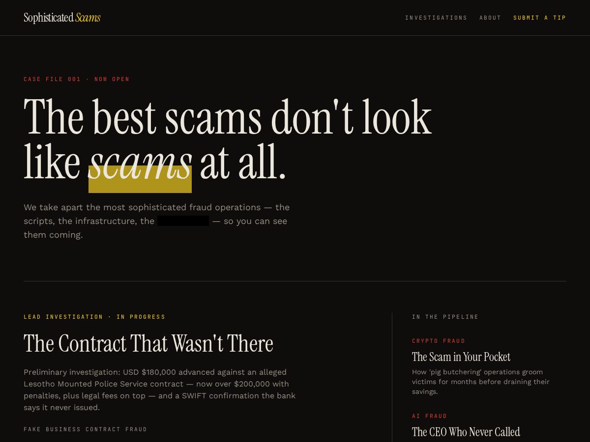 Landing-page snapshot of sophisticatedscammers.org