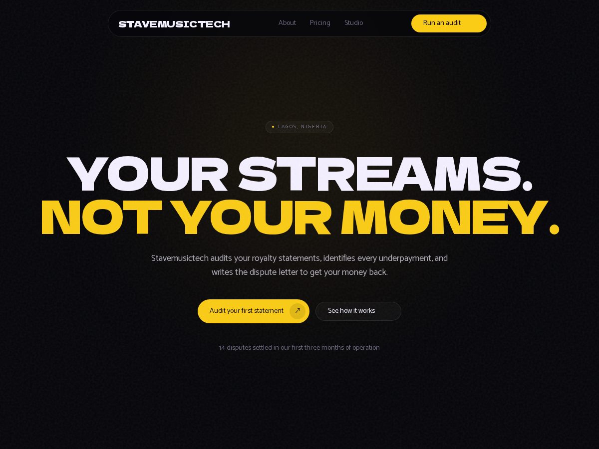 Landing-page snapshot of stavemusictech.com