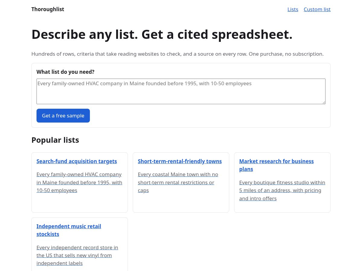 Landing-page snapshot of thoroughlist.com