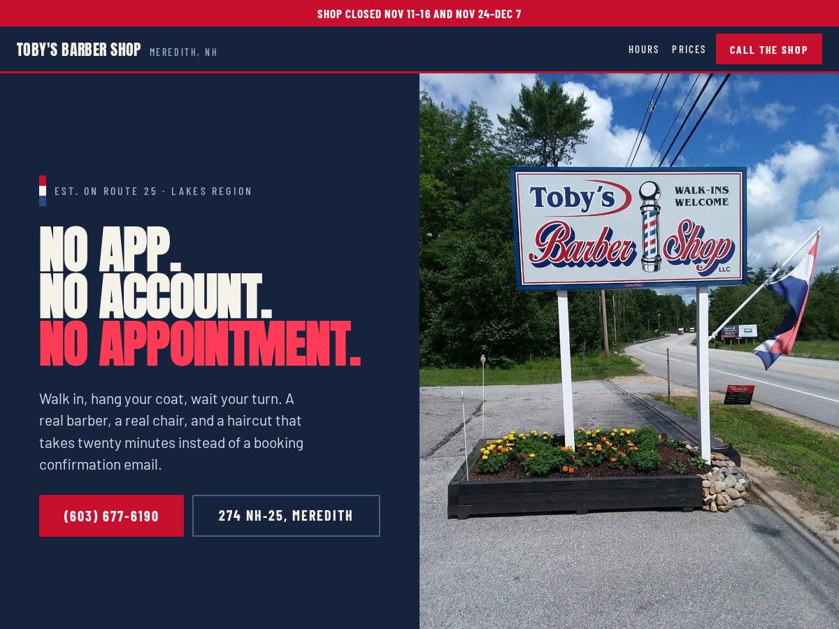 Landing-page snapshot of tobysbarbershopnh.com