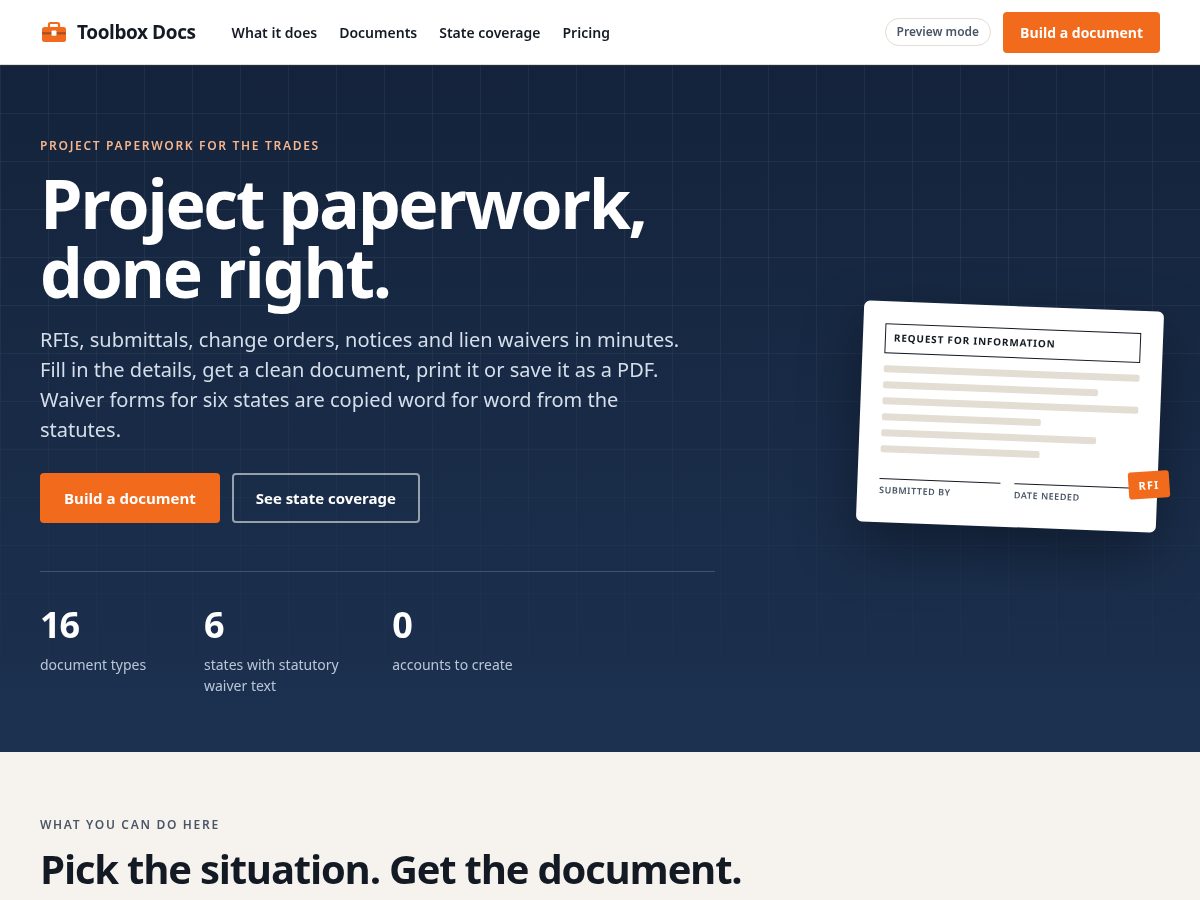 Landing-page snapshot of toolboxdocs.com