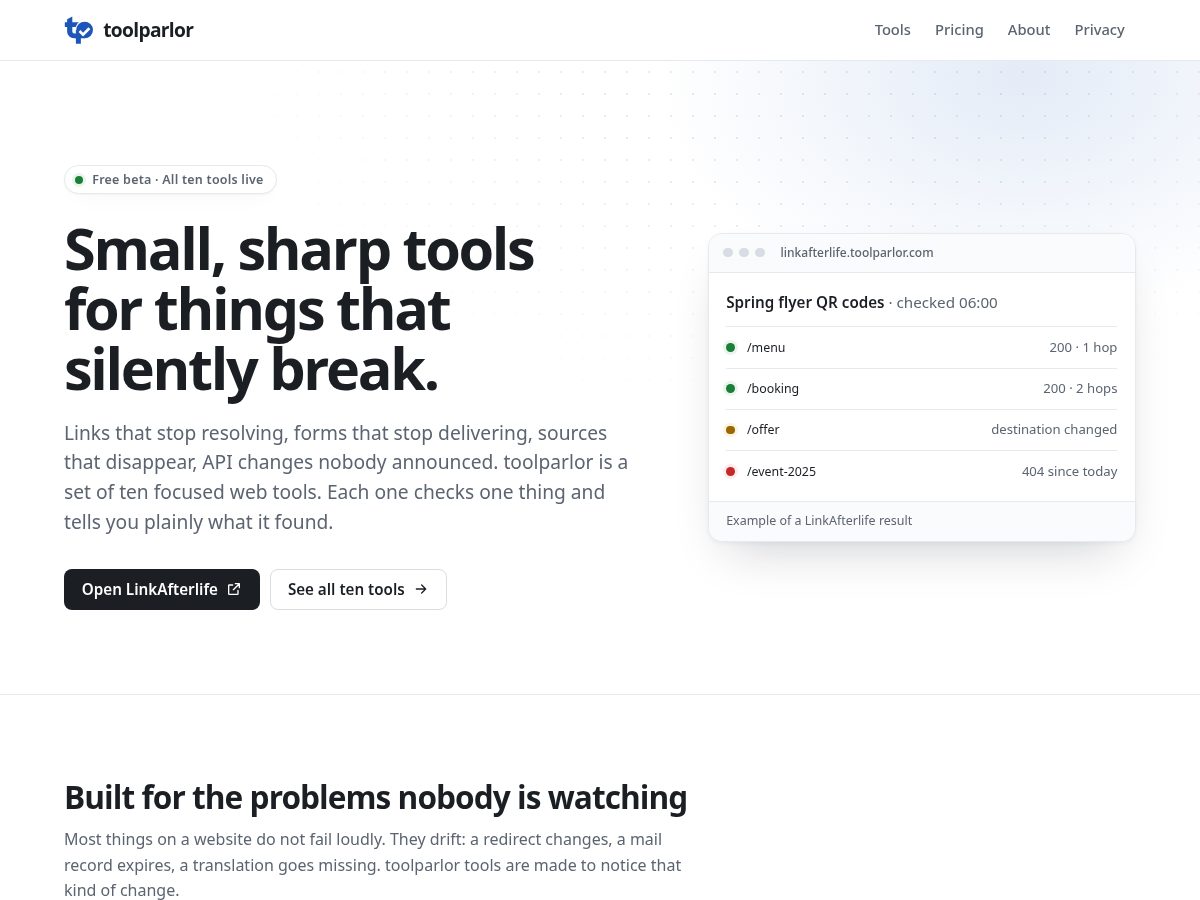 Landing-page snapshot of toolparlor.com