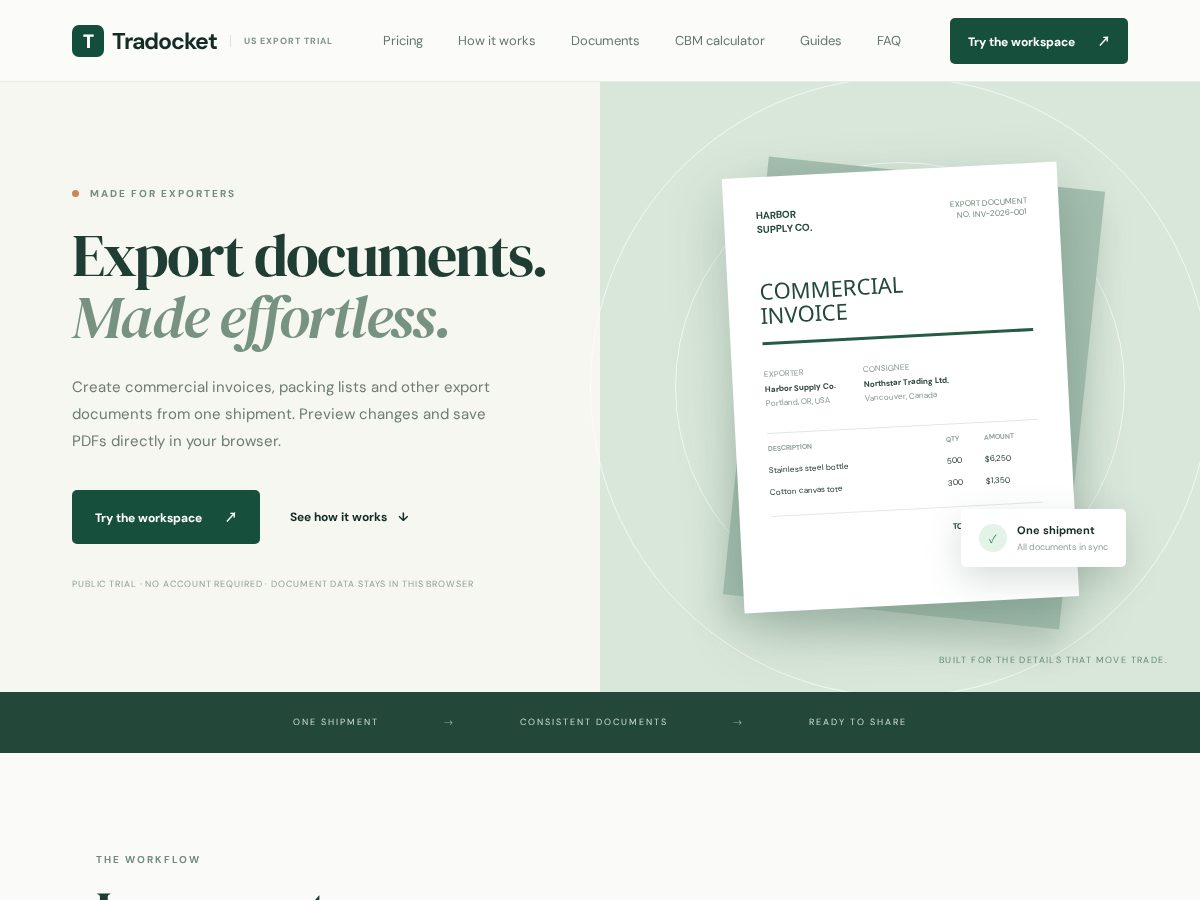 Landing-page snapshot of tradocket.com