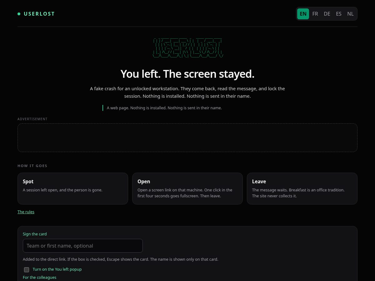 Landing-page snapshot of userlost.com